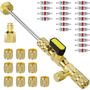 Valve Core Remover Installer Tool with Dual Size SAE 1/4 and 5/16 Port Brass Adapter, Schrader Valve Tool R22 R410a Refrigerant Systems (1 Valve Core Remover + 31 Accessories)