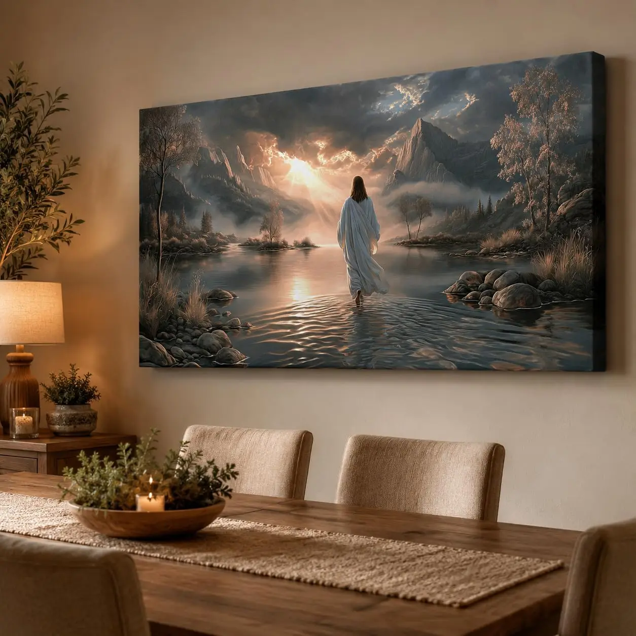 Jesus Walking on Water Wall Art Canvas, Frameless Christian Painting, Spiritual Religious Canvas Prints for Living Room, Bedroom, Prayer Room Decoration