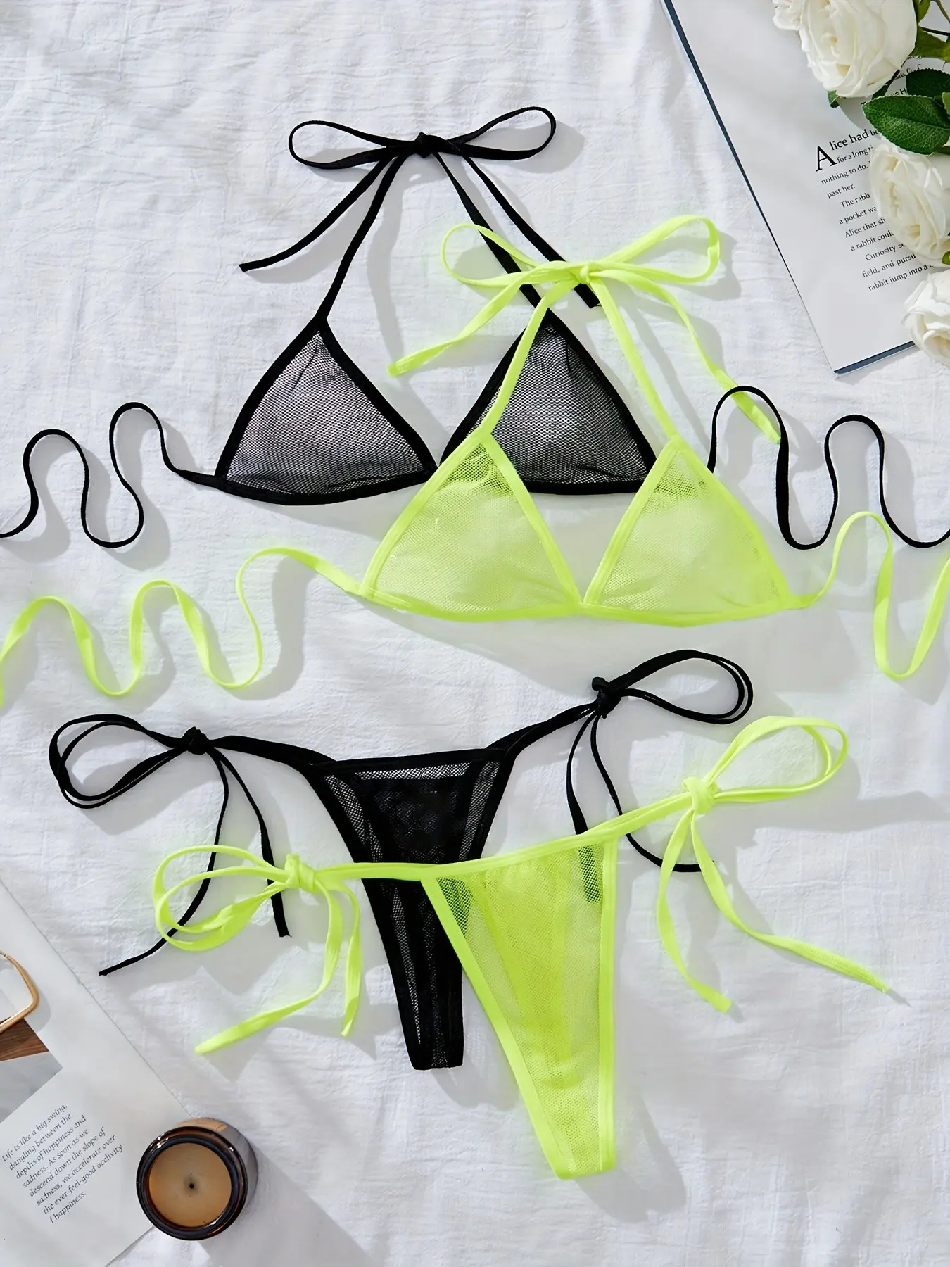 Women's Sexy Transparent Sheer Mesh Halter Lingerie Set, Clothing, 4-Piece Bra Underwear Combo with Strap, Elegant and Chic Design, Perfect for Everyday Wear