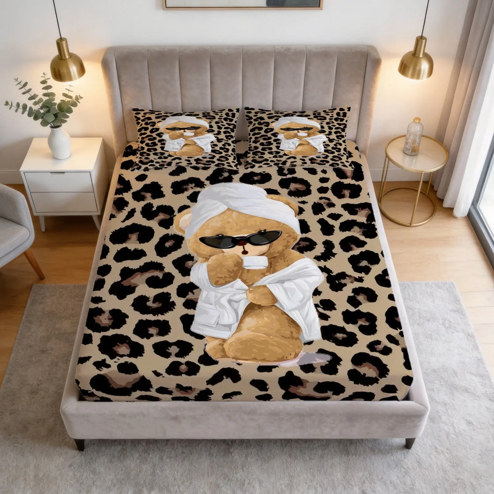 Cute And Fashionable Teddy Bear Printed Pattern Bed Sheet Set, 1 Bed Sheet With 2 Pillowcases (Excluding Pillow Core), Floral And Animal Bedding, Suitable For Bedroom Decoration