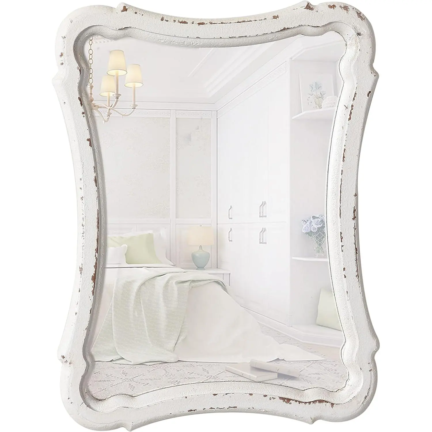 Rustic Wood Framed Small Wall Mirror Decor 12 x 9 inches| Handmade Distressed White Vintage Decorative Mirror, Hanging Ornate Accent Sculpted Farmhouse Mirrors for Bathroom