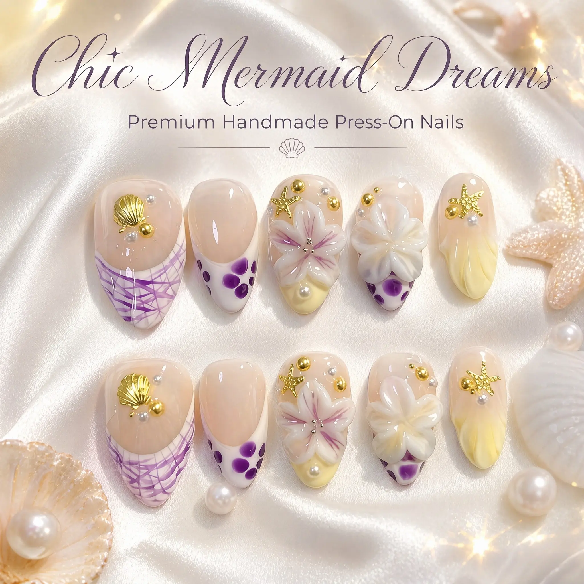 10Pcs Handmade Almond Press on Nails – Butter Yellow & Soft Lavender Aura French Tip with 3D Seashell Floral Design Flower Nails, Reusable Summer Beach Acrylic False Nails, Jelly Glossy Finish for Wedding Vacation Daily Wear, Cute Aesthetic Gift for Her
