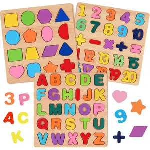 Wooden Puzzles for Toddlers, 3 Pcs Alphabet Puzzle ABC Shape Number Puzzle, Learning Toys for Kids, Preschool Educational Activities Toddler Gift Toys for Girls Boys Christmas Valentines Easterfidget toys