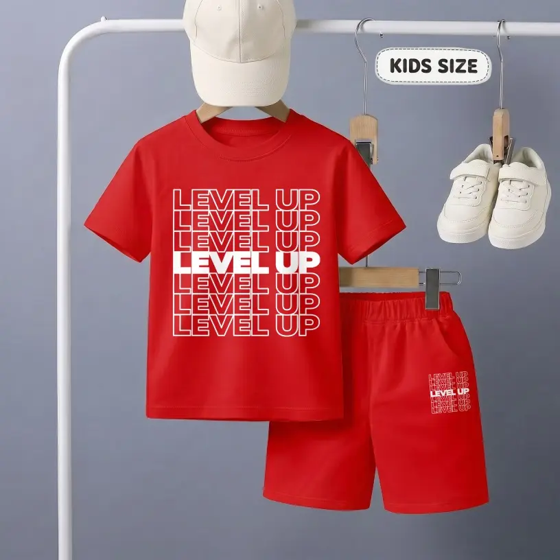 Boys' 2-Piece Graphic Print "Level Up" Short-Sleeve T-Shirt & Shorts Outfit Set, Casual Summer Co-Ord Combined Children's Crew Neck Clothing for Daily Wear & Outdoor Play, Outfit Sets