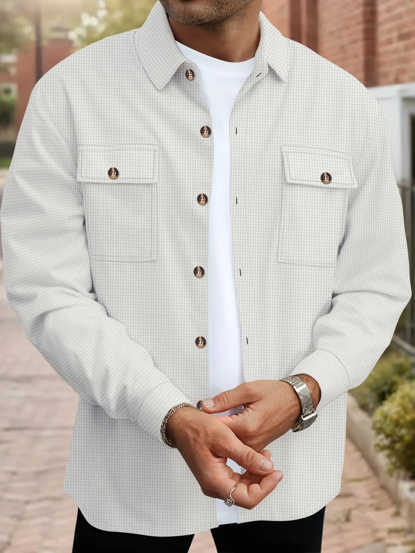 Men's Long Sleeve Jacket Shirt, Solid Texture, Fall Winter Loose Fit, Dual Pockets, Casual Outerwear, Comfortable and Stylish, Menswear