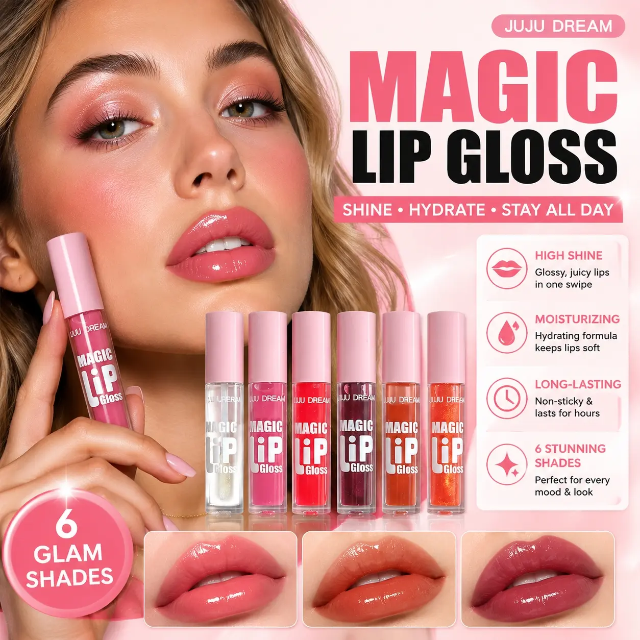 JUJU DREAM Magic Mirror Plumping Lip Gloss 6 Shades Set, ultra-hydrating non-sticky watery gel texture creates bouncy glass dewy lips, sheer buildable luminous pigment works alone or layered over matte lipstick, plumps fine lip lines for full juicy pout