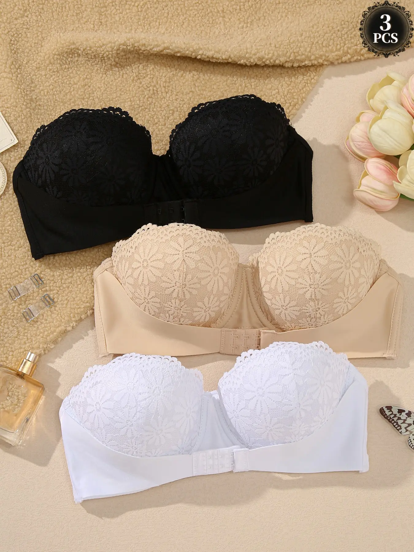 Women Floral Lace 2-Way Strapless Bandeau Bra, Anti-Slip No Roll Edge, Free Adjustable Clear Straps, Push Up Support, Versatile For Wedding Off Shoulder Outfits