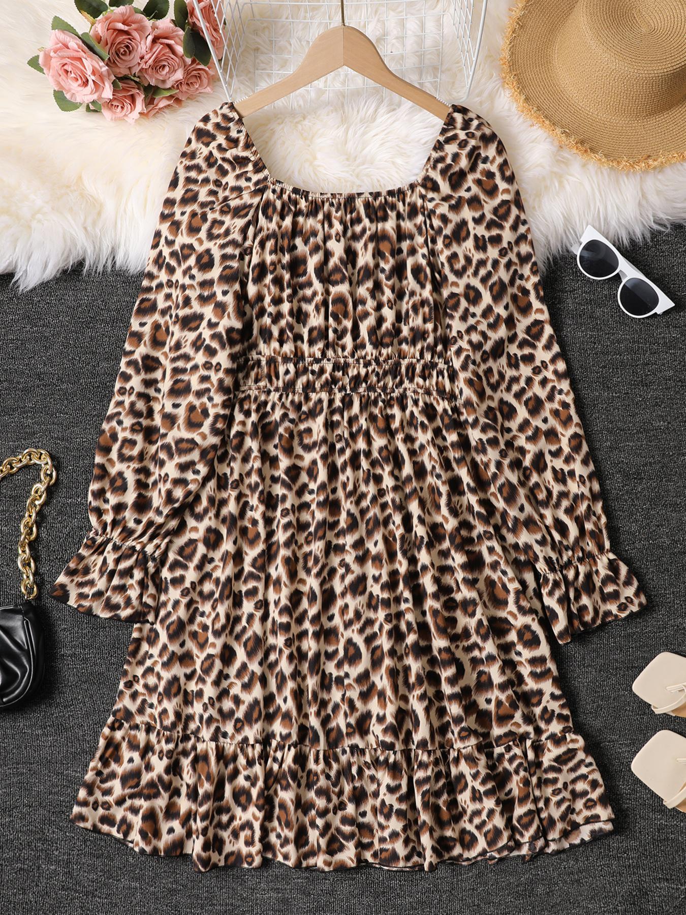 【Plus Size】 Summer Plain Casual Ruched Peplum Hem Flounce Sleeve Dress, Plus Elegant Scoop Neck Long Sleeve A Line Dress for Party Holiday Wedding Guest, Homecoming Dresses, Lady Plus Clothes for Fall & Winter