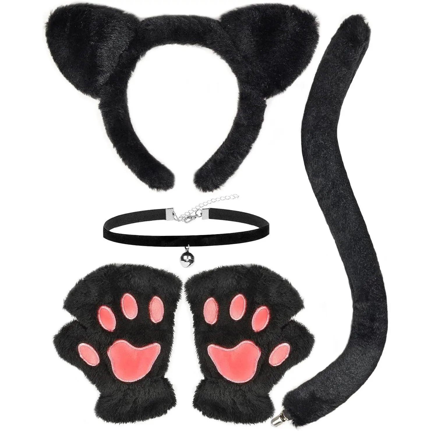 Black Cat Costume Set with Cat Ears Headband, Tail, Paws Gloves and Collar, Halloween Accessories for Women Adults GirlsGift