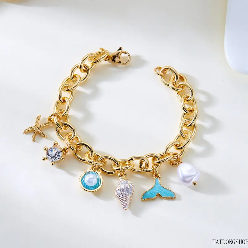 Coastal Core Viral Quiet Luxury Blue Enamel Mermaid Tail Shell Starfish Bracelet For Women, Fresh Ocean Wrist Bangle, Minimal Elegant Accessory For Beach Vacation Daily Dating Friend Styling
