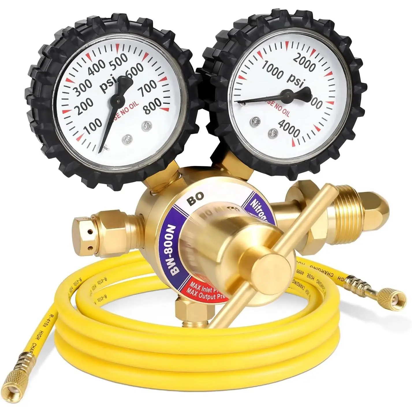 BO WELD Adjustable Output Nitrogen Regulator for Gas Welding Accessories, CGA580 Inlet, 1/4'' Male Flare Outlet, 0-800 PSI (800 PSI Max), 0-4000psi Range, 5Ft (60 Inches Long) Leak-Proof Refrigeration Hose, Pressure Gauges