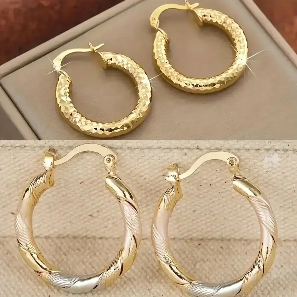 2 Pairs Twisted Round Hoop Earrings 14K Gold Plated Lightweight Copper Minimalist Jewelry, Comfort Hoops for Women Men Daily Wedding Party, Ideal Birthday Gift for Summer Beach Vacation Occasions