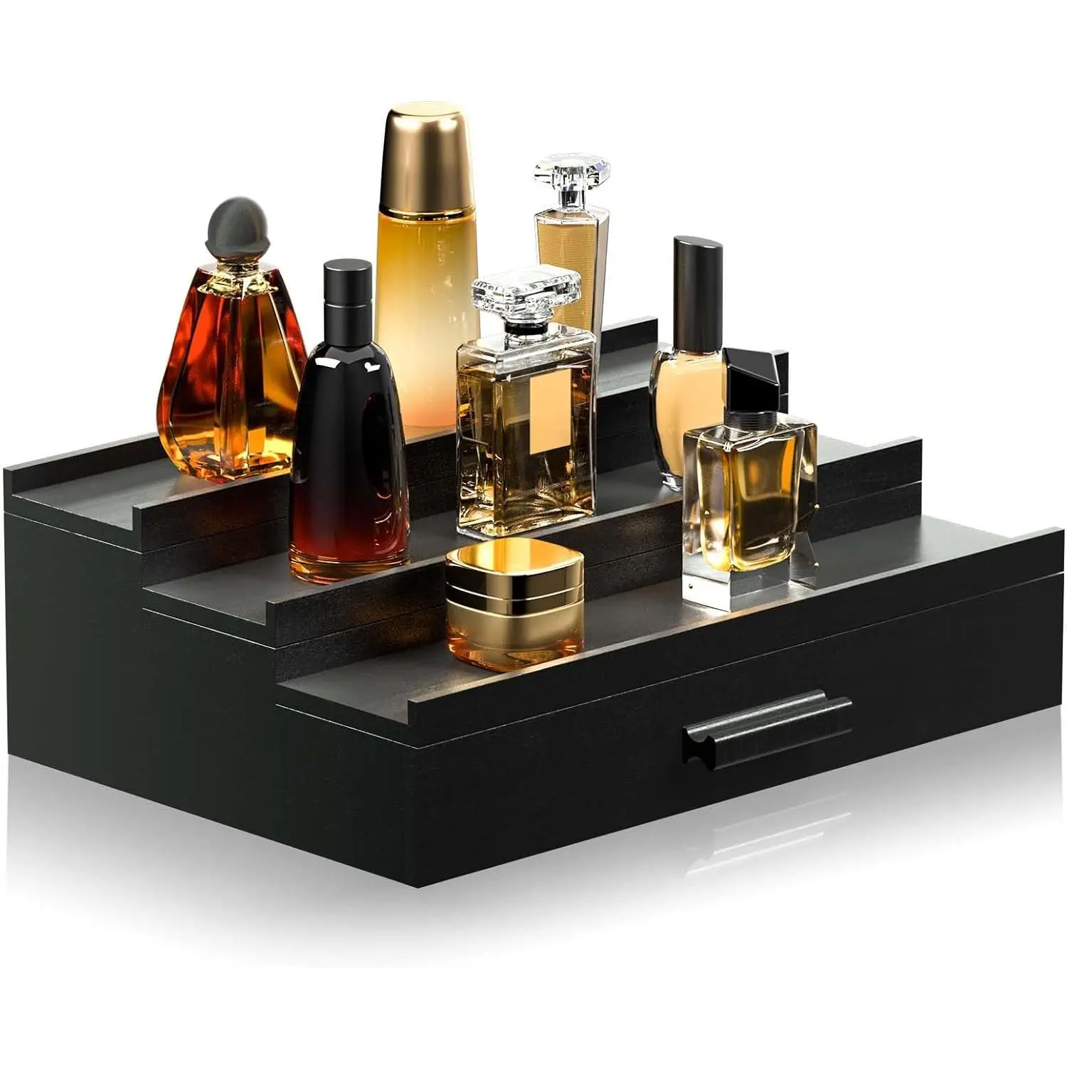 Men's Synthetic Rectangular Freestanding Cologne Organizer - 3-Tier Elevated Perfume Display Shelf with Multi-Compartment Drawer Box, Durable Household Decoration Single Unit Storage Rack (Black)