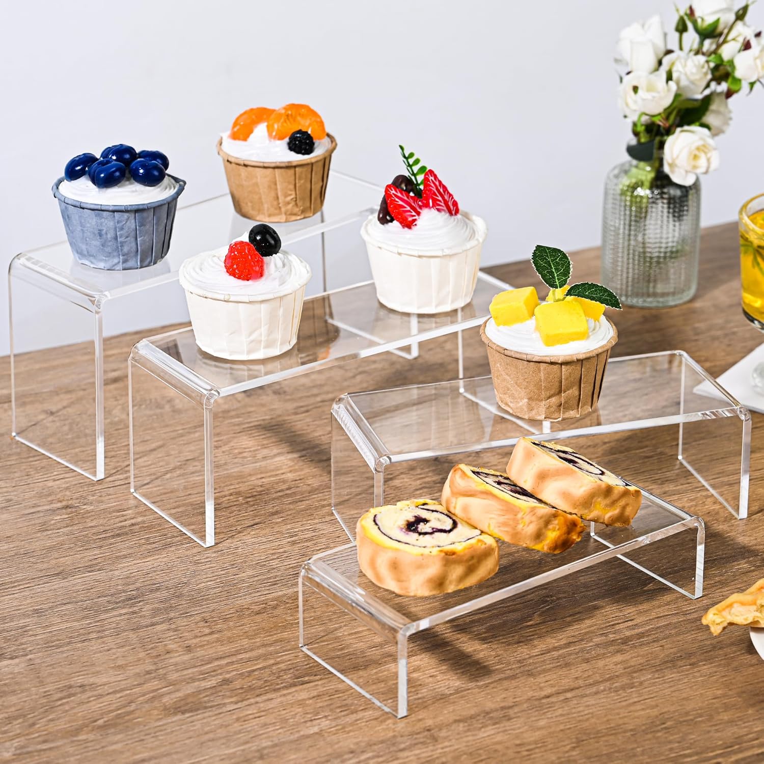 2 Set Large  Display Risers,8 Pcs Clear Perfume Stand Organizer,Desktop Display Shelves Collect Pop Figures Toys Cupcake Dessert for Decor, Display Shelves for Party