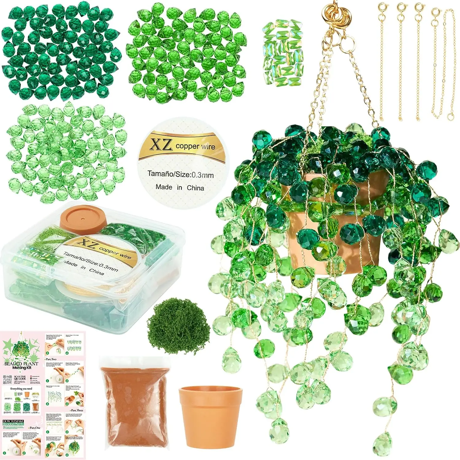 Beaded  Kit, DIY  Suncatcher Craft Kit with Glass  Beads, Pot, Chain, Faux Moss, Air Dry Clay, Instruction Booklet & Video Tutorial, Tabletop or Window Decor