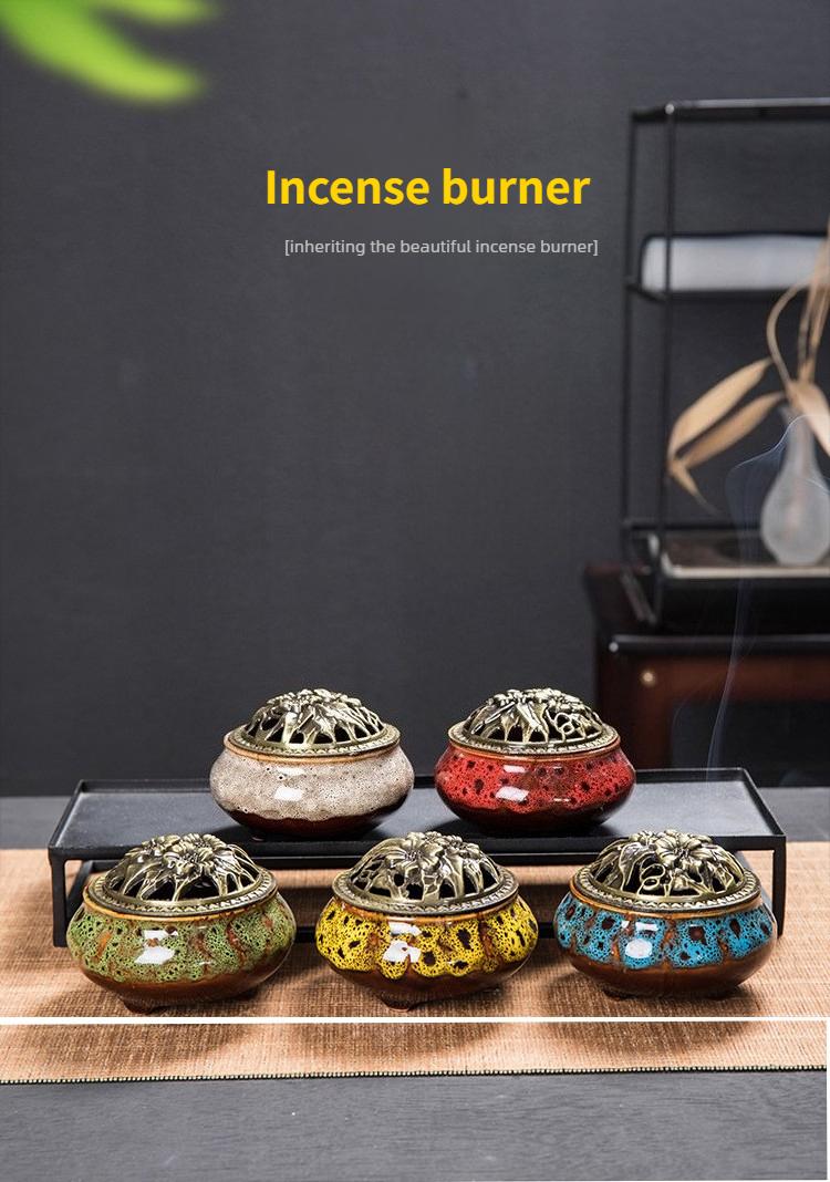 Ceramic Incense Burner for Sandalwood & Coil Incense Retro Alloy Lid Ice Crack Kiln Glaze Small Aromatherapy Furnishing Ornament Censer holder