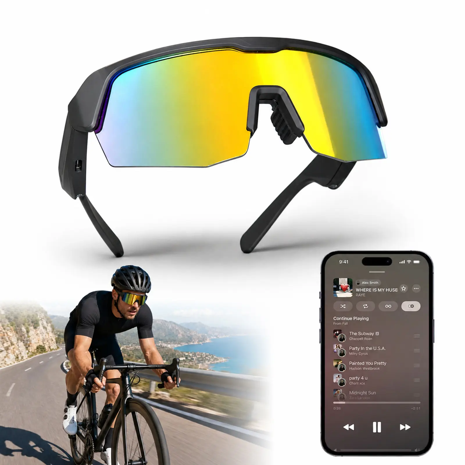 Bluetooth Cycling Glasses for Men Women, Open-Ear Audio Smart Glasses Sunglasses with Hands-Free Calls, UV Protection, 130mAh Battery and Type-C Charging