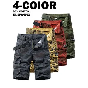 TikTok Viral Men Camo Cargo Shorts, 95% Cotton 5% Spandex Stretch Knee Length Utility Shorts, Free Matching Belt, 4 Camouflage Colors, Multi Side Pocket Loose Tactical Bottoms, Soft Flexible Fabric For Hiking Camping Fishing, Trendy Casual Camo Shorts For