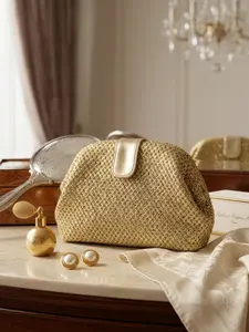 Metallic Gold Glitter Crochet Handbag, Shiny Knit Doughnut Mini Bag, Elegant Evening Party Wedding Guest Bag, Luxurious Nightlife Clutch