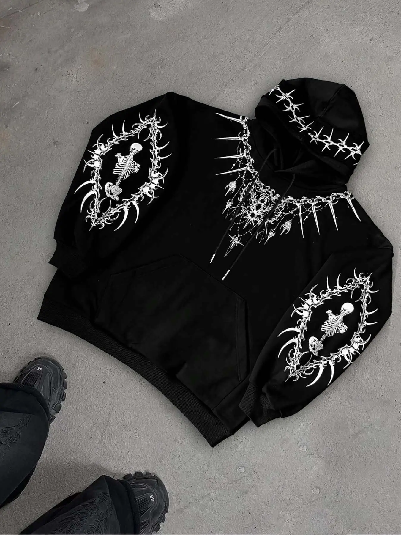 Y2K Gothic Punk Skull Thorns Print Hoodie, Loose Fit Streetwear for Nightclub Parties, Fall Trendy Sweatshirt for Teens Boys Girls