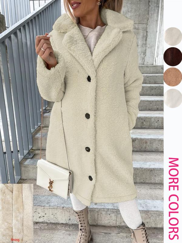 Women's Faux Fur Long Sleeve Lapel Coat, Plush Lined Overcoat, Casual Fashion Outerwear for Fall & Winter, Ladies' Warm Jacket
