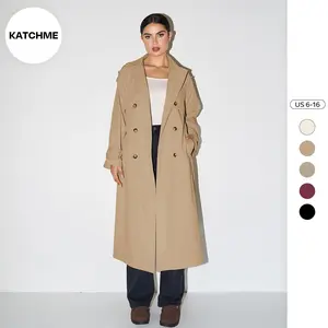 KatchMe Women's Solid Classy Notch Lapel Double Breasted Belt Decor Trench Coat, Versatile Plain Outerwear for Lady Streetwear, Minimalist Outfit