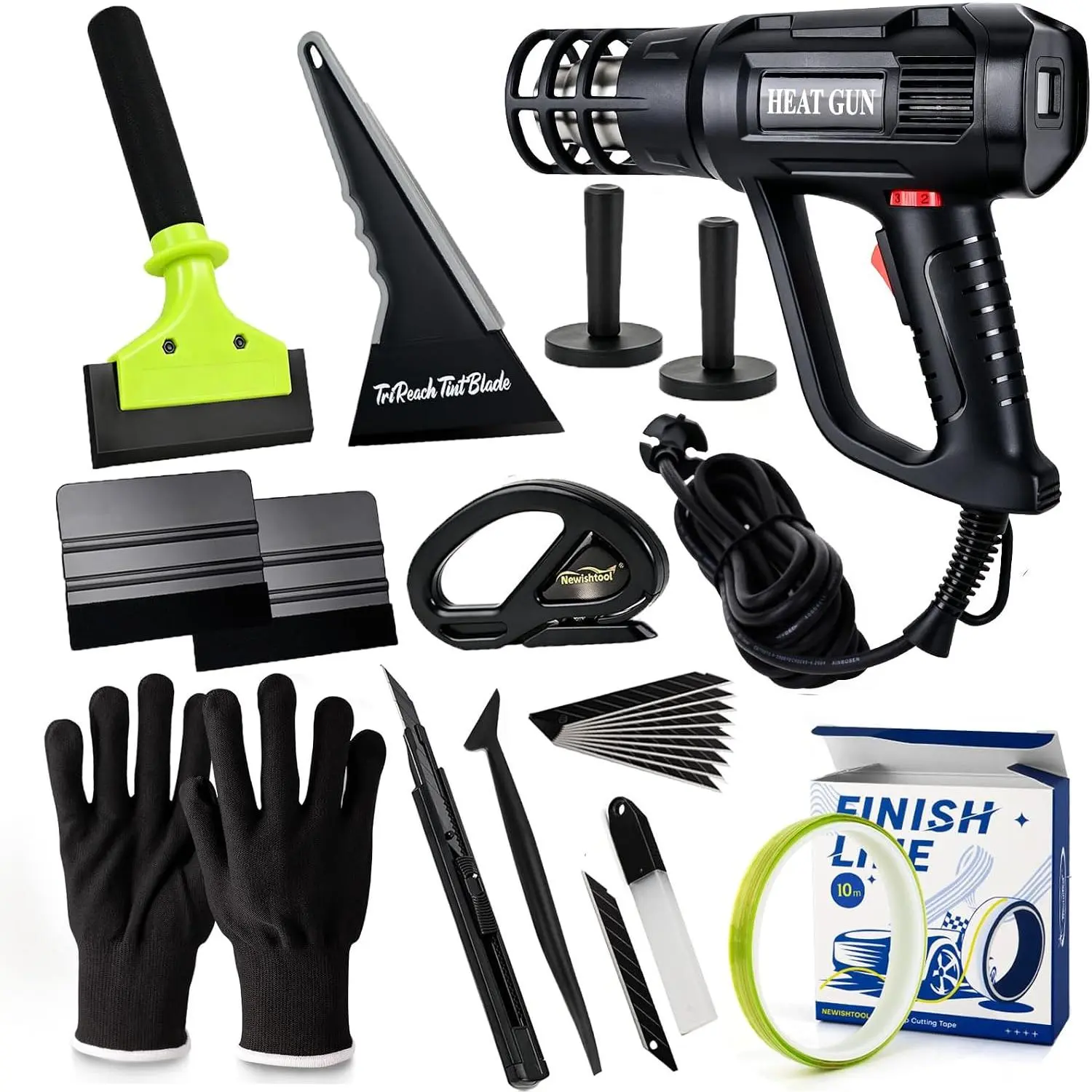 NEWISHTOOL Vinyl Wrap Tool Kit Window Tint Tools, Car Wrapping Kit with Heat Gun for Vinyl Wrap, Knife Less Tape, Magnet Holder, Vinyl Tucking Tool, Felt Squeegee, Vinyl Cutter, Wrap Knife and Gloves