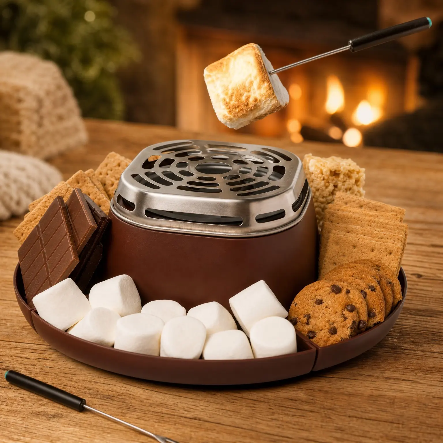 Tabletop Indoor Electric S'mores Maker Kit with Marshmallow Roasting Sticks & 4 Trays for Graham Crackers, Chocolate and Marshmallows, Movie Night Supplies - Brown