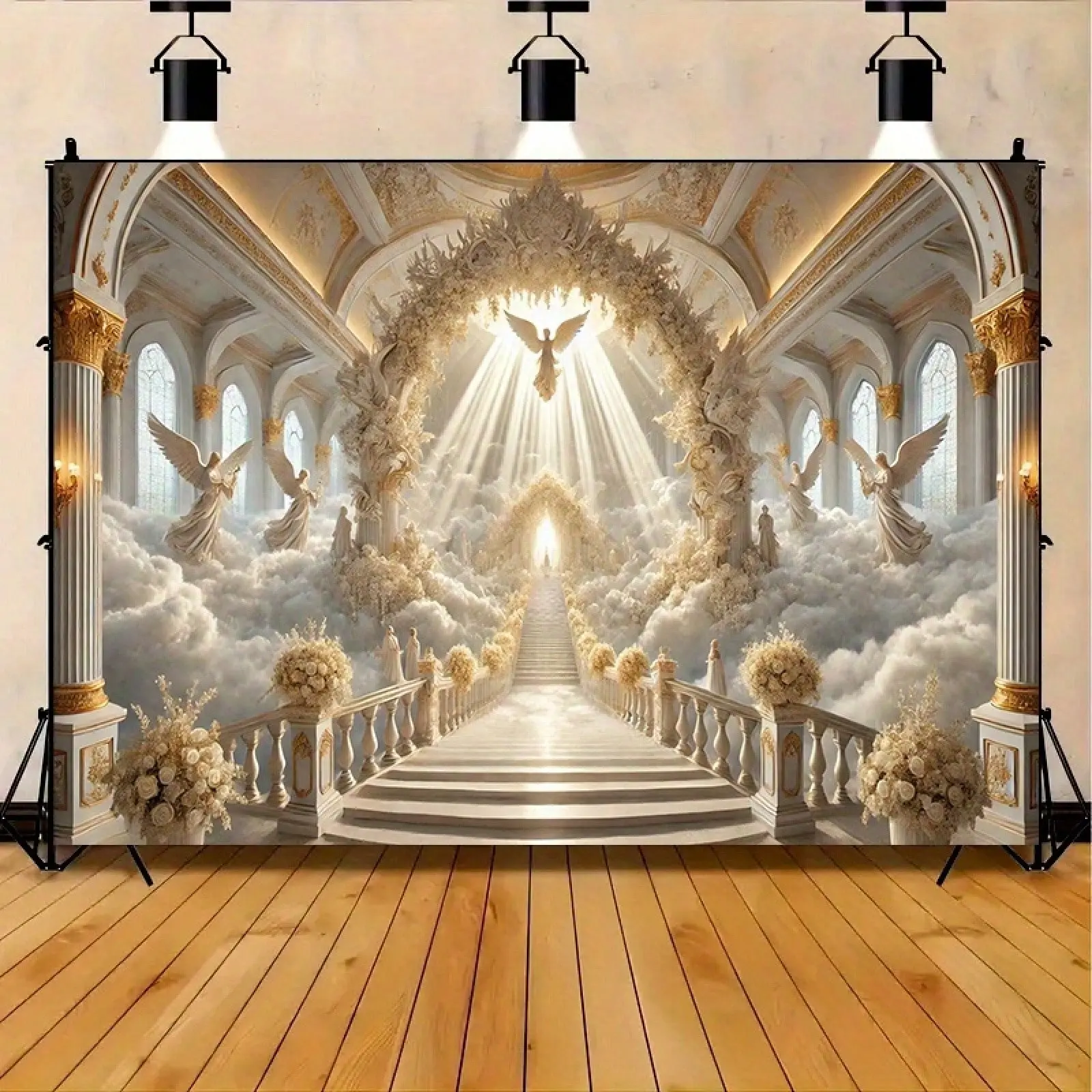 Elegant Heaven's Gate Banner - Large 8x6ft Heavenly Church Scene Decoration With Golden Pillars, Floral Motifs - Wedding, Funeral, Religious Ceremony Backdrop - Durable Polyester Fabric For Indoor/Outdoor Party Decor - No Electricity Needed - All-Season