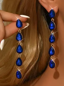 1 pair of fashionable and elegant women's long water droplet diamond tassel earrings, light luxury personality suitable for party wear