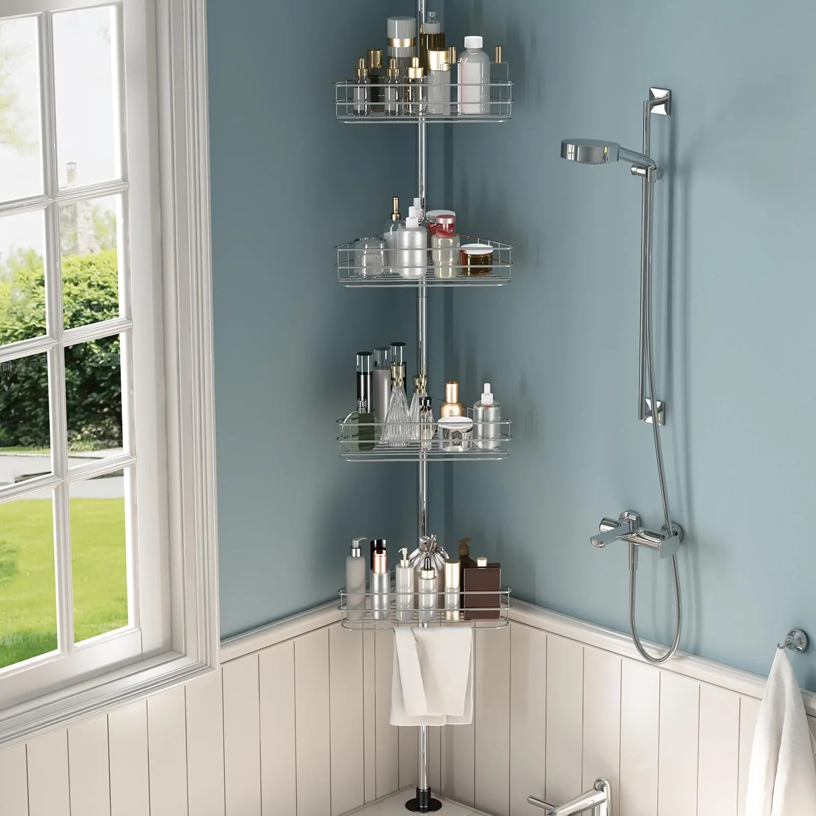 Satin Nickel Metal Corner Mount Shower Caddy, Adjustable Tension Pole with 4 Adjustable Baskets and Towel Bars, No-Drill Installation, Shelves Included, Fits 75-110" Height for Bathrooms