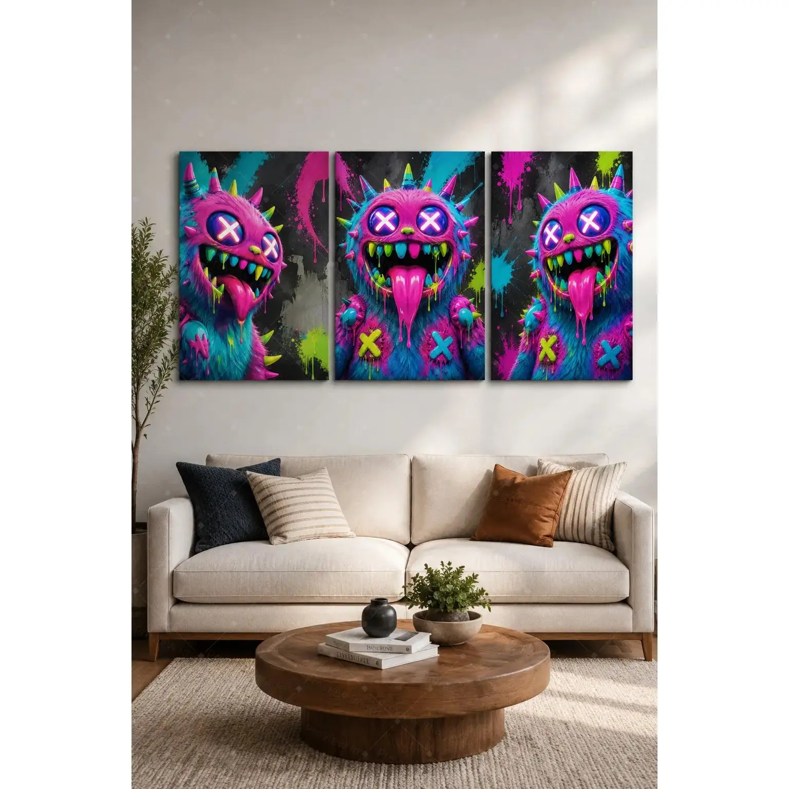 Neon Monster Triptych Canvas Poster Set, Graffiti Style Wall Art, Pink Blue Green Print for Teen Bedroom, Gaming Room, Living Room, Modern Aesthetic Home Decor Gift,wall decor,poster.
