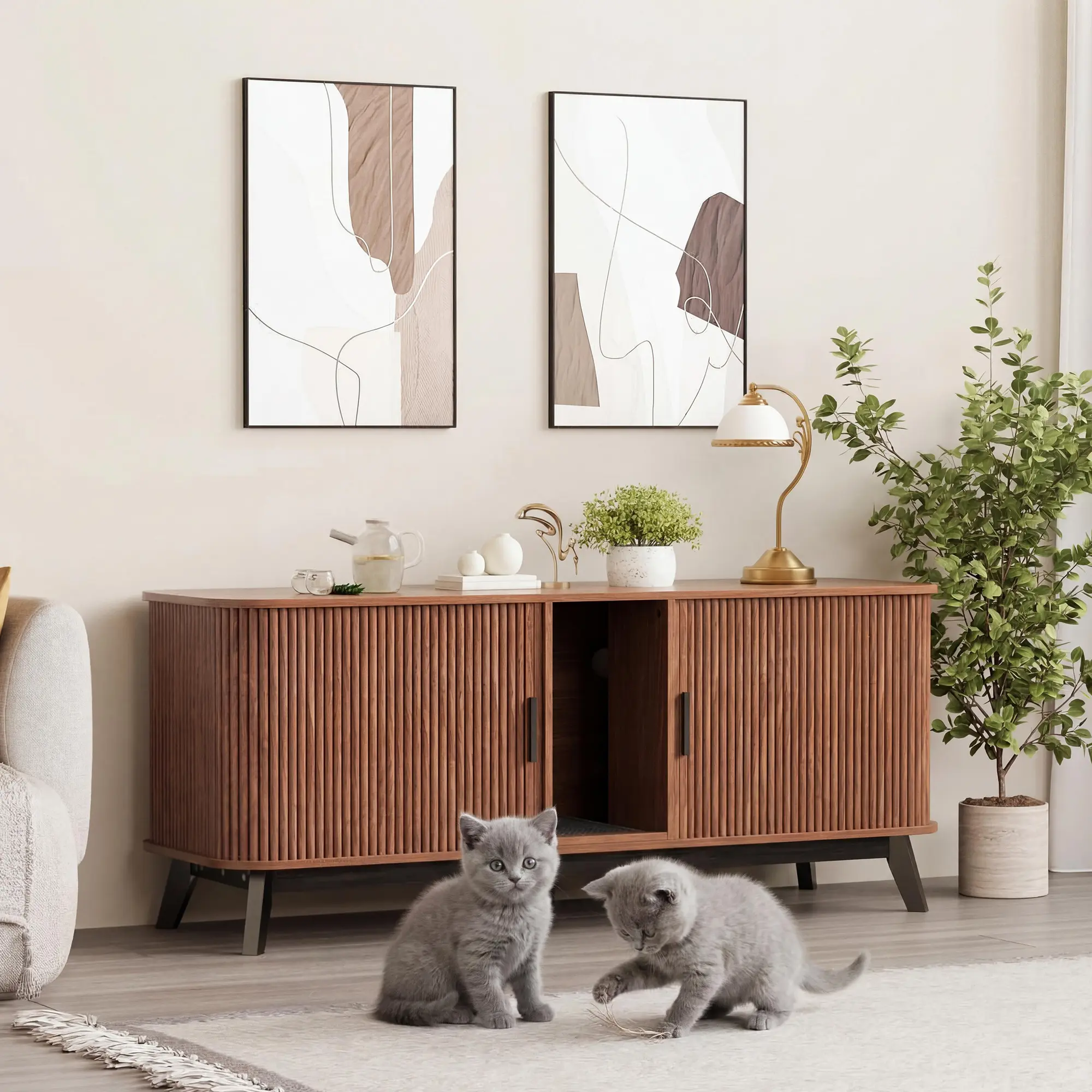 2-in-1 Cat Litter Box TV Stand – 59" Wooden Enclosure for 2 Cats, Sliding Door Access, Hidden Litter Furniture with Mat Included – Side Table for Living Room