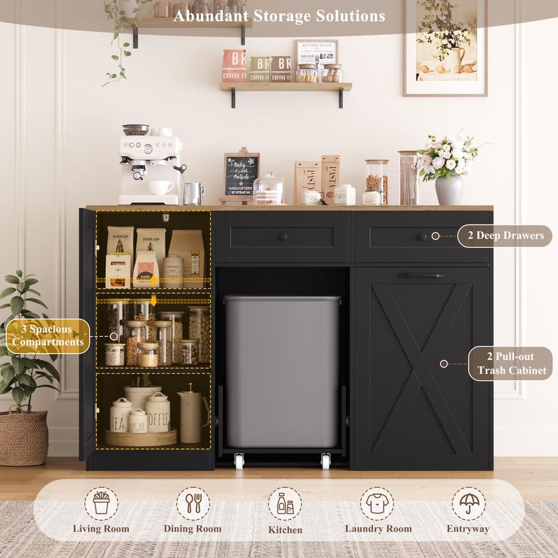 HOSTACK 12.5 Gallon Kitchen Trash Cabinet, 47" Double Trash Can Cabinet, Large Pull Out Can Storage Drawers, Wood Farmhouse Hidden Garbage Storage Buffet for Kitchen, Trash can not included