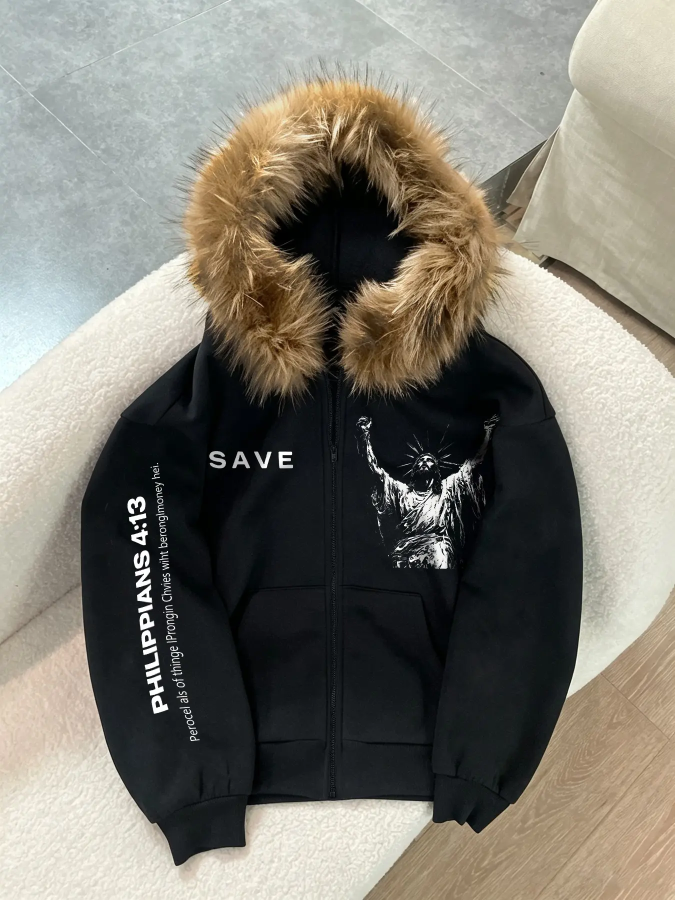 Men's Fall Winter Faux Fur Hooded Zipper Jacket, Detachable Faux Fur, Gothic Jesus Print, Casual Loose-Fit Long Outerwear
