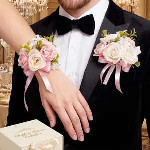 2 Pieces Pink Artificial Flower Corsage and Boutonniere Set Elegant Wrist Corsage Wristlet with Adjustable Lace Band for Wedding Prom Party Mother's Day Anniversary Formal Ceremony Decoration