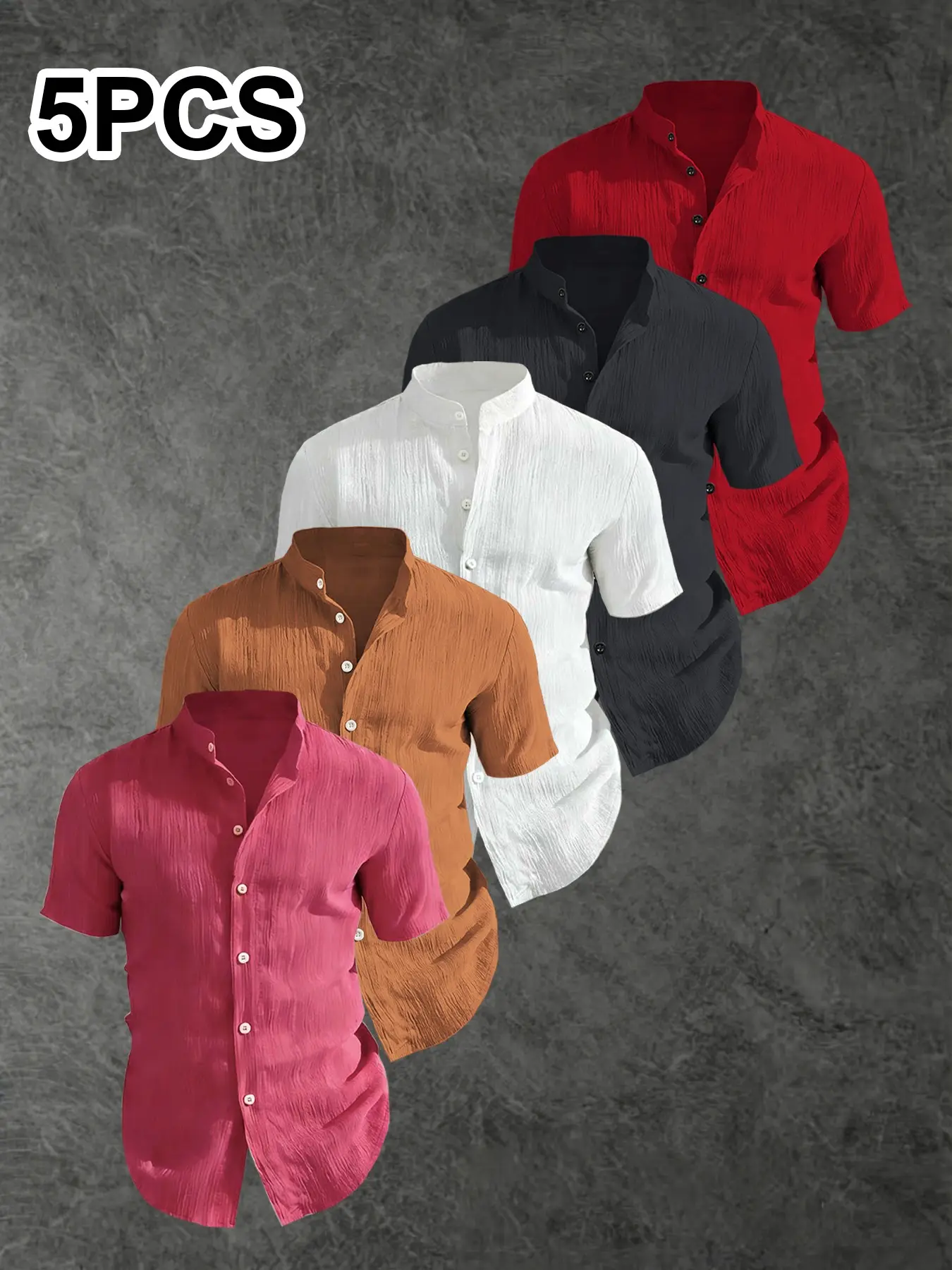 5-Pack Men's Summer Short Sleeve Shirts, Lightweight Breathable Solid Collar Button Shirt, Ideal for Beach Pool, Casual Tropical Style, Casual Swimwear