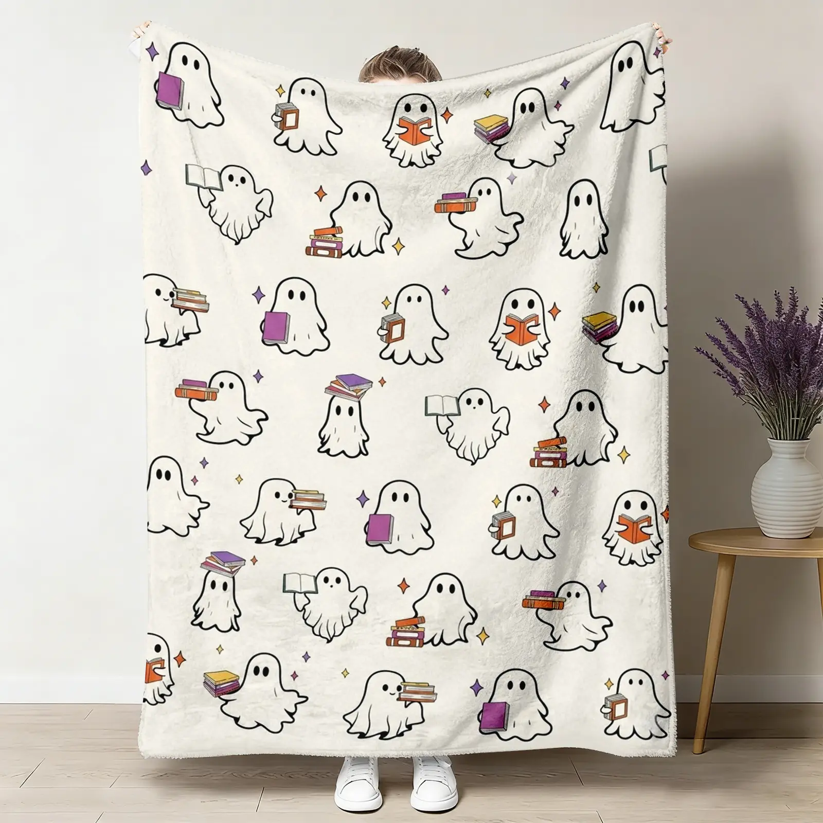 Ghost Print Flannel Throw Blanket - Wrinkle Resistant, Stain Resistant, Multi-Size (30x40in Baby, 50x60in Teen, 60x80in), Cute Book Lover Spirit Book Stack Star Design, Soft Cozy Warm, Machine Washable, Halloween Decor, Birthday Gift for Lounging & Travel