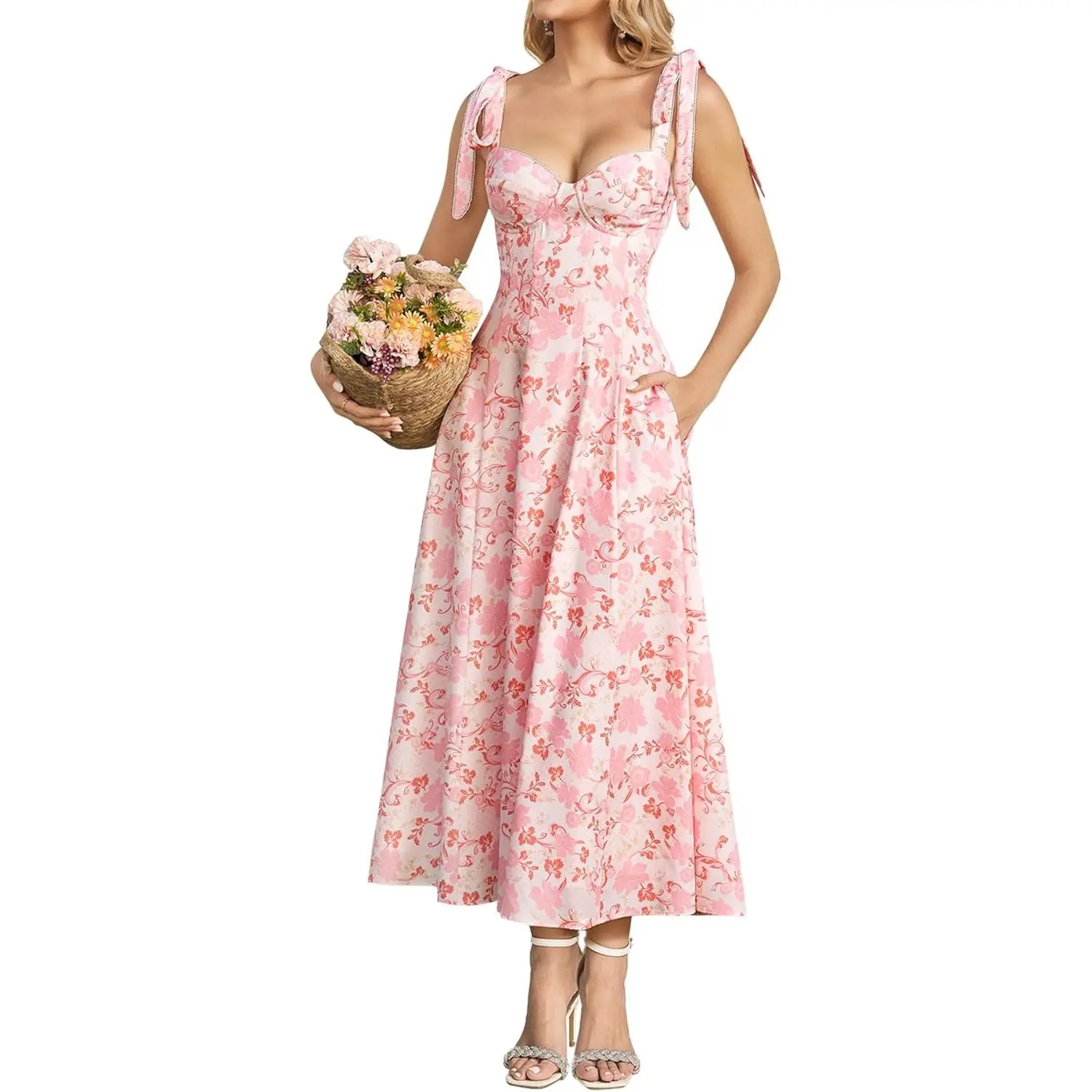 KUTUMAI Chic Sleeveless Corset Midi Dress - Tie-Strap Shoulders, Flowy, with Pockets - Women's Summer Wedding Guest Dress for Bridal Shower