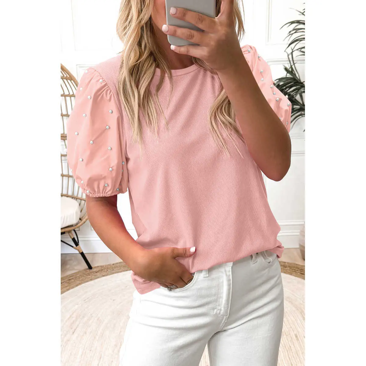 Light Pink Ribbed Pearl Beaded Puff Sleeve Top