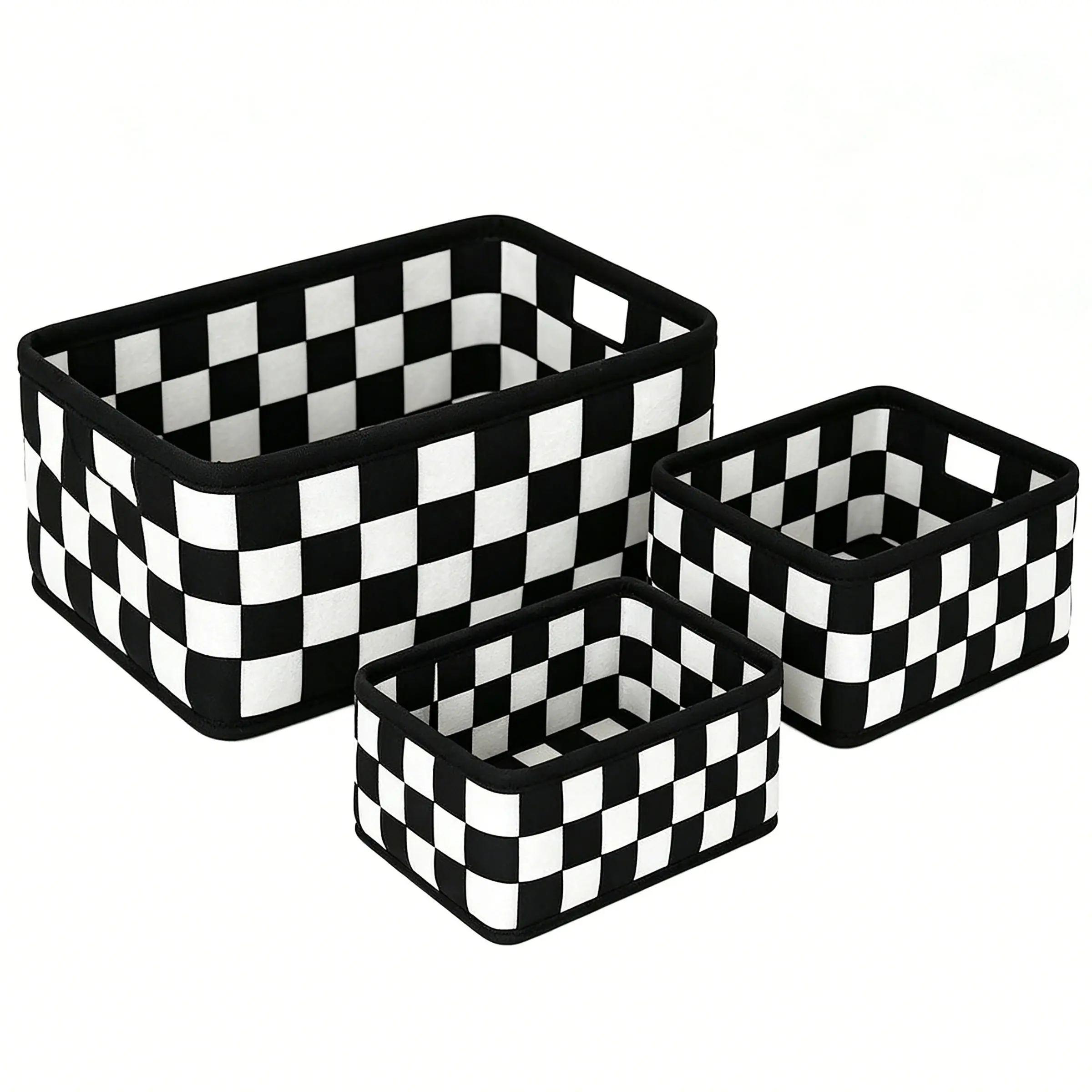 3 Piece Checkerboard Woven Felt Storage Boxes, Foldable Organizer Baskets, Toy & Cosmetics Storage, Collectible Bags