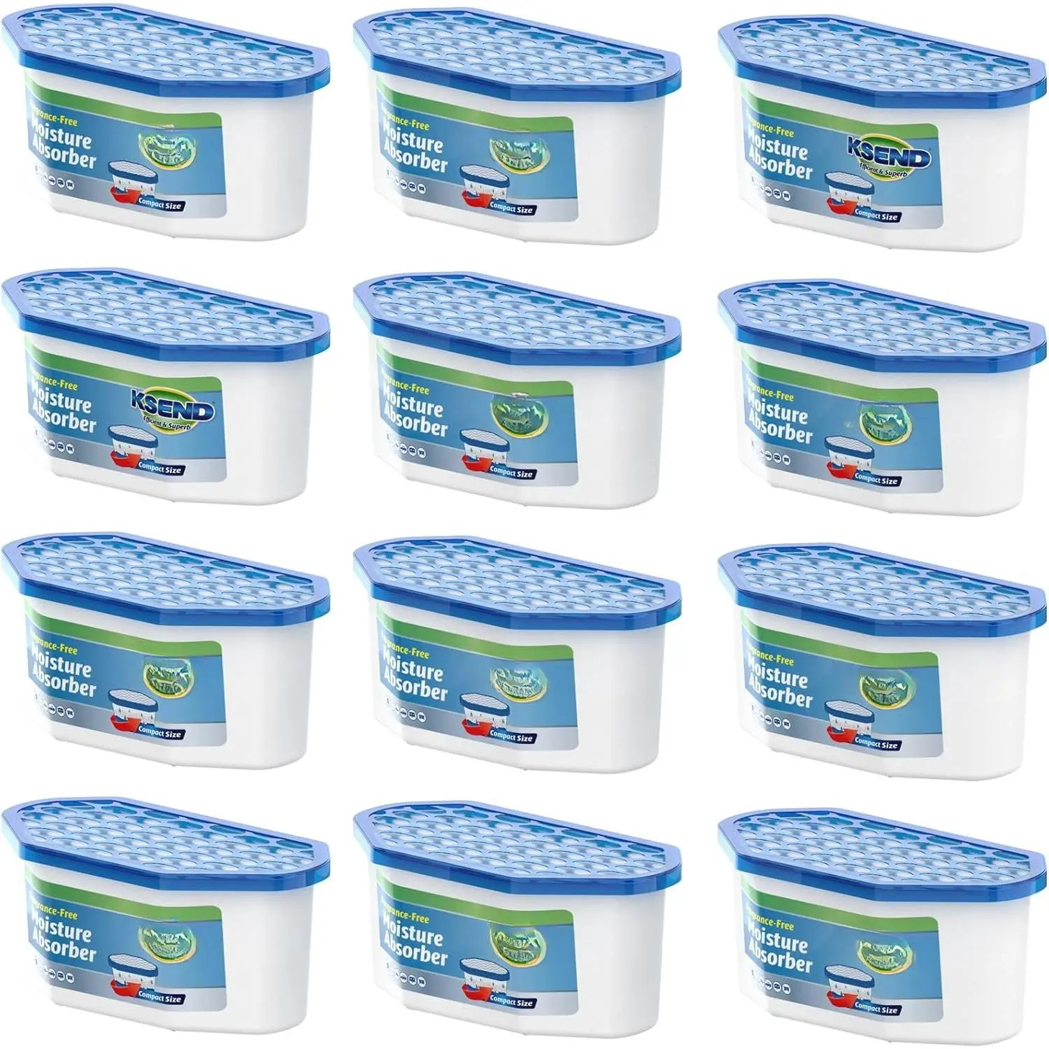 Leakproof Synthetic Humidity Absorber Box (12-Pack Bucket, 6.4 OZ/300 ml, Blue) - Compact Indoor Use Humidity Control for Closets