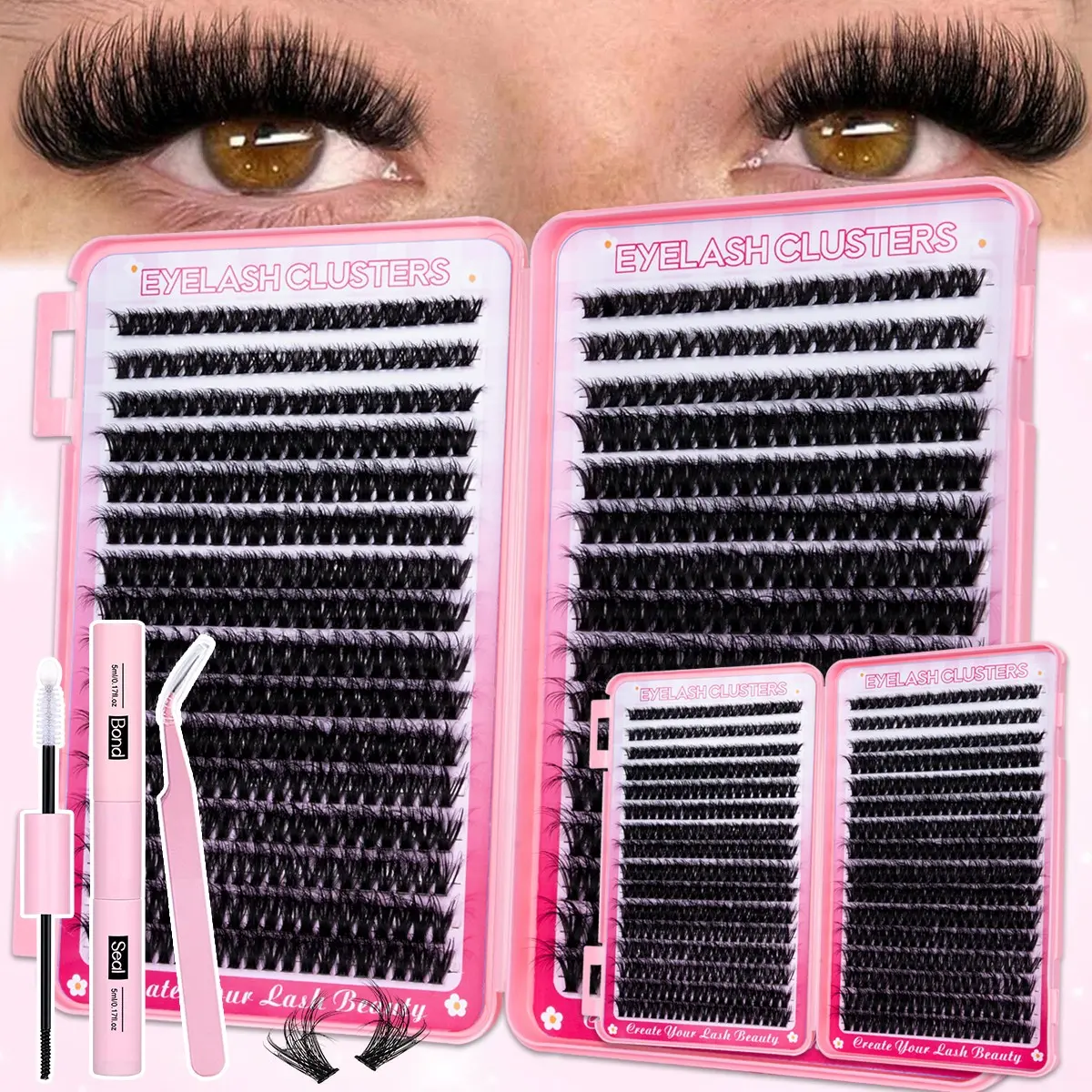 DIY Cat Eye Lash Clusters Kit, Fox Eye/40D/80D/Manga, Faux Mink Lashes Kit, Wet Look, Left&Right Lash Clusters Set, Soft Lightweight Curled Eyelashes, Waterproof Long-Lasting, Includes Bond&Seal&Tweezers, Cosmetic, Daily