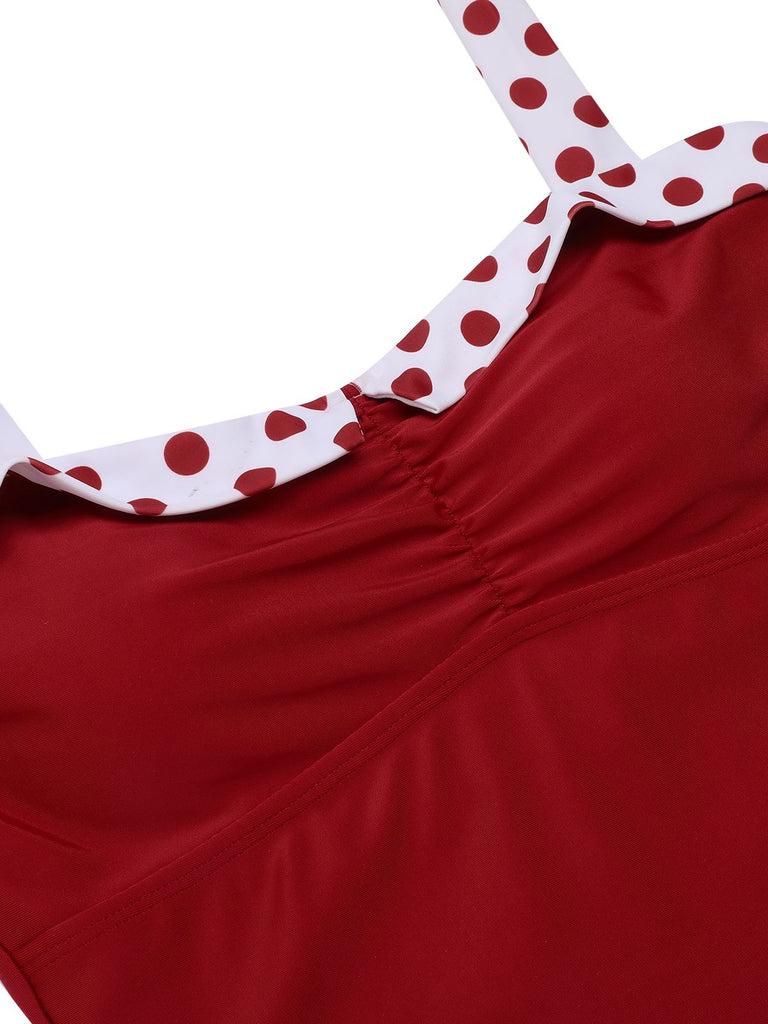 Retro Stage 1940S Wine Red & White Spliced One - Piece Swimsuit Ideal for Casual Travel, Sunbathing on the Beach, Beach Vacation Parties, and Swimming - Flaunt Fashionable Sexy Style in All Seaside Activities Swimwear Polka Dots Classic Vintage