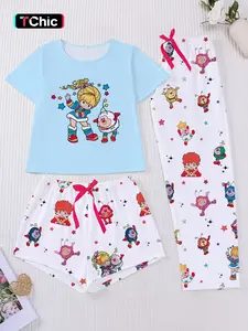 3-Piece Cartoon Print Women's Pajama Set, Short Sleeve Button-Up Top, Elastic Shorts & Pants, Elegant Comfortable Sleepwear Loungewear Pjs