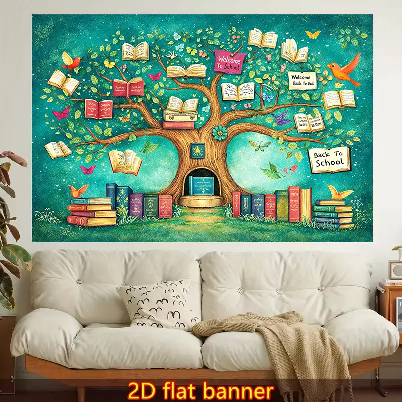 Educational Colorful Book Tree Tapestry with Books & Nature Design - Wedding Photo Backdrop Banner, Home Decor Gift for Bedroom & Study Space