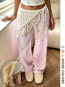 Y2K Sweet Cool Style Scarf Triangle Bandana, Hollow Out Crochet Fringe Waistband, Girl Vertical Stripes Bow Texture Straight Leg Pants, Chic Layered Casual Set