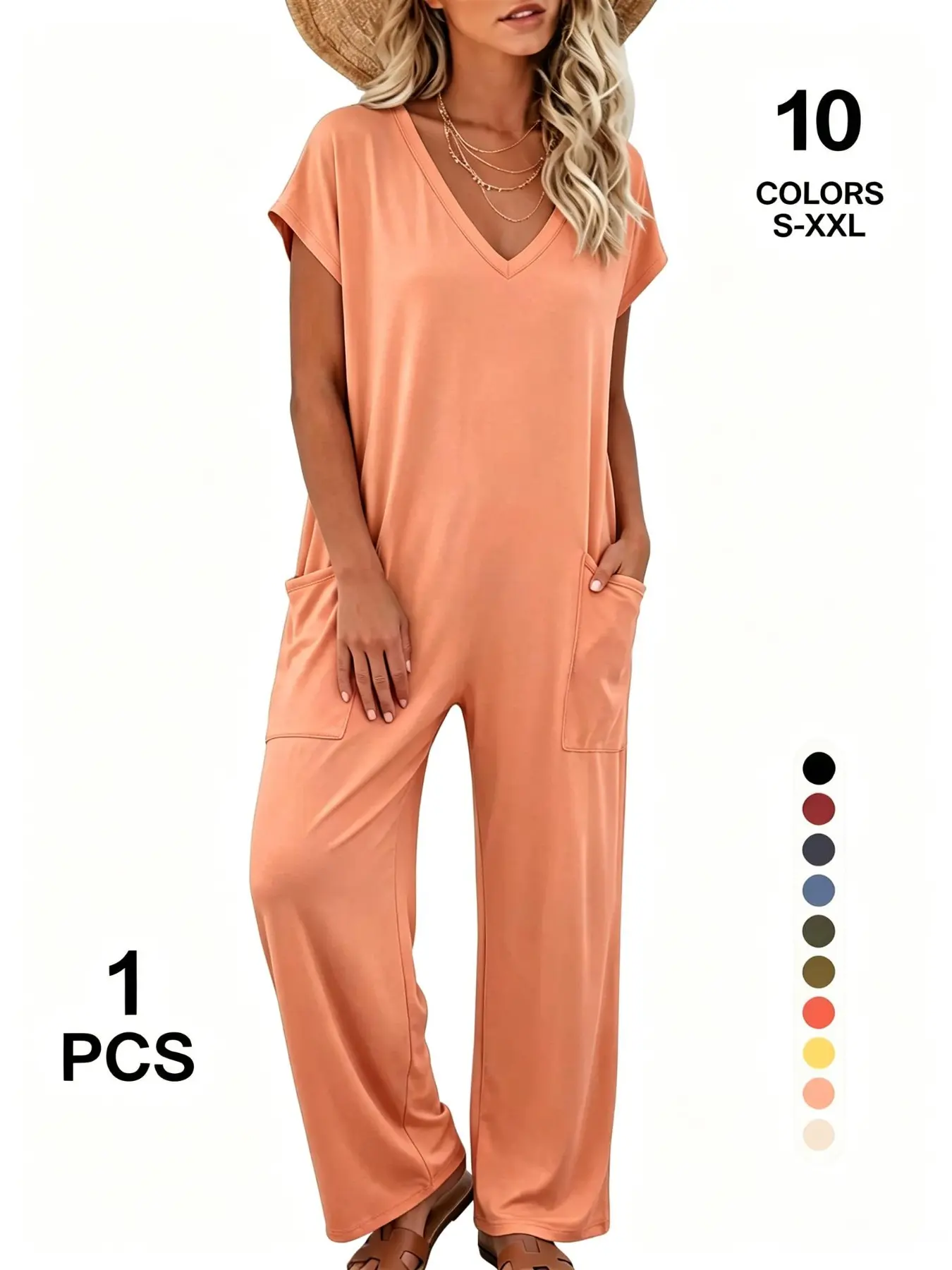 Women's Deep V Neck Jumpsuit, Short Sleeve, Baggy, Oversized Loose Fit, Side Pockets, Hidden Drawstring, Wide Leg Palazzo, Summer Beach Wear
