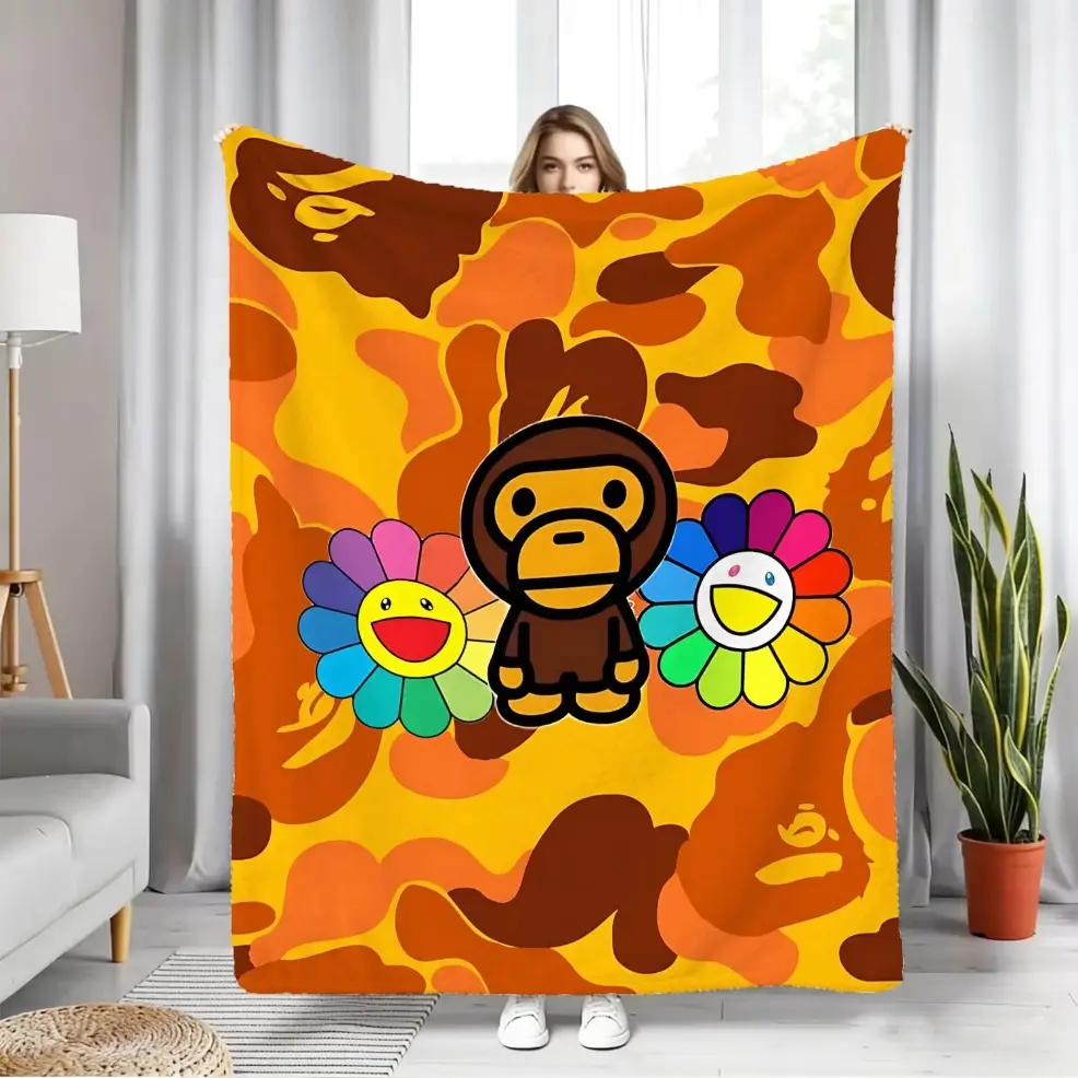 Camo Monkey Throw Blanket, Hip Hop Style Flannel Blanket, Baby Blanket & Adult Blanket, Breathable for Summer Air-Conditioned Nap and Warm for Cool Evenings, Portable Foldable for Sofa, Bedroom, Office, Camping, Travel and Couch Use, Summer AC Blanket, Gr
