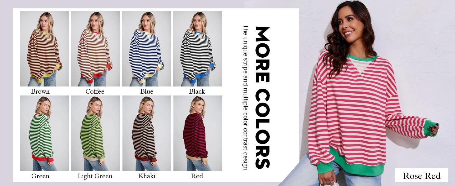 【Up To 3XL】FMEYOA Womens Striped Oversized Sweatshirt Color Block Crew Neck Long Sleeve Shirt Casual Loose Pullover Top Y2K Clothes